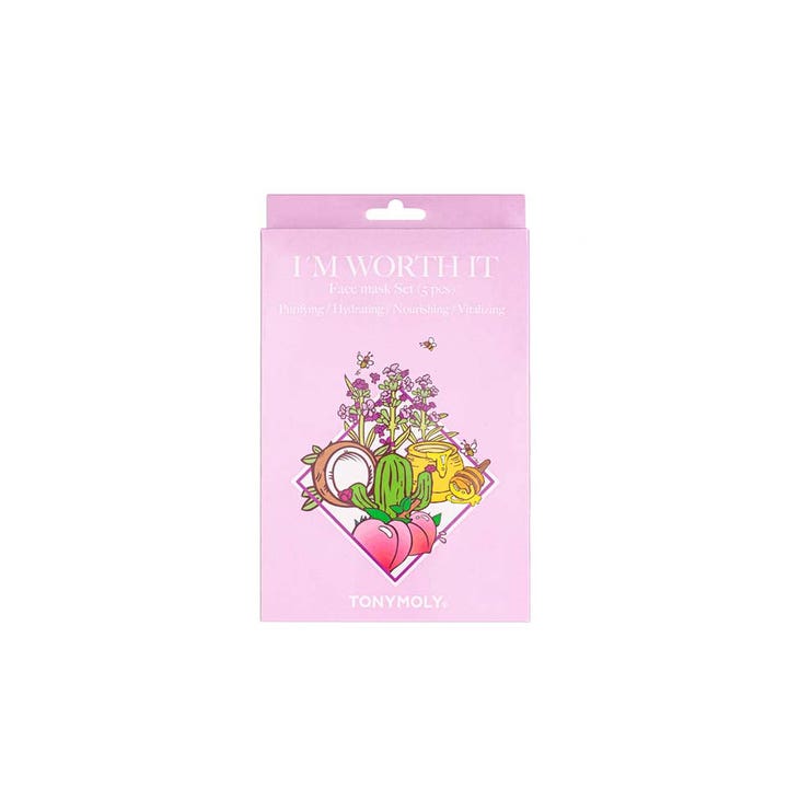 Tonymoly I’m Worth It Face Mask Set 5 stk fugtgivende sheet mask sæt i lyserød æske med fersken og kokos
