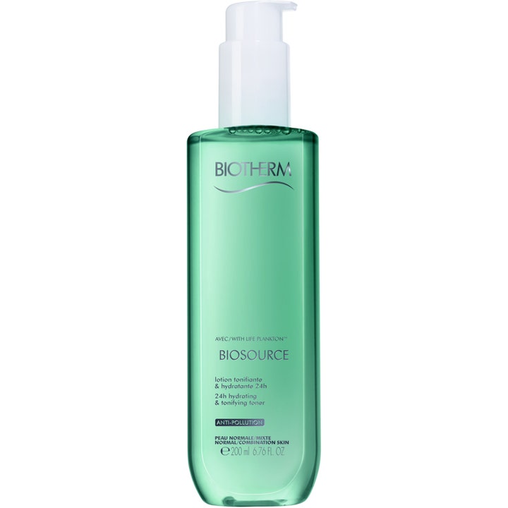 Biotherm Biosource 200 ml fugtgivende skintonic til ansigtspleje i en gennemsigtig grøn flaske med hvid pumpe