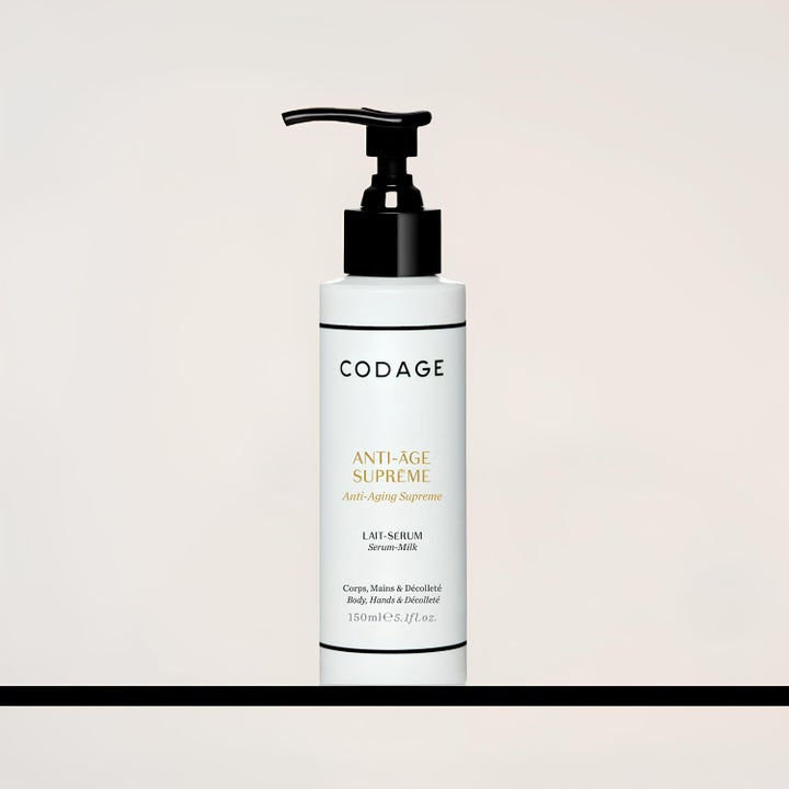 Codage Paris Anti-Aging Supreme Body Serum Milk 150 ml kropspleje i hvid flaske med sort pumpe.