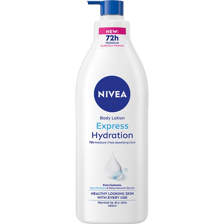 Nivea Express Hydration Body Lotion 400 ml fugtgivende kropspleje i hvid pumpeflaske med blå detaljer