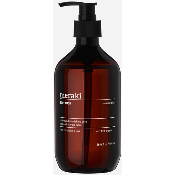Meraki Meadow Bliss Body Wash 490 ml plejende kropssæbe i en mørkebrun flaske med sort pumpe.