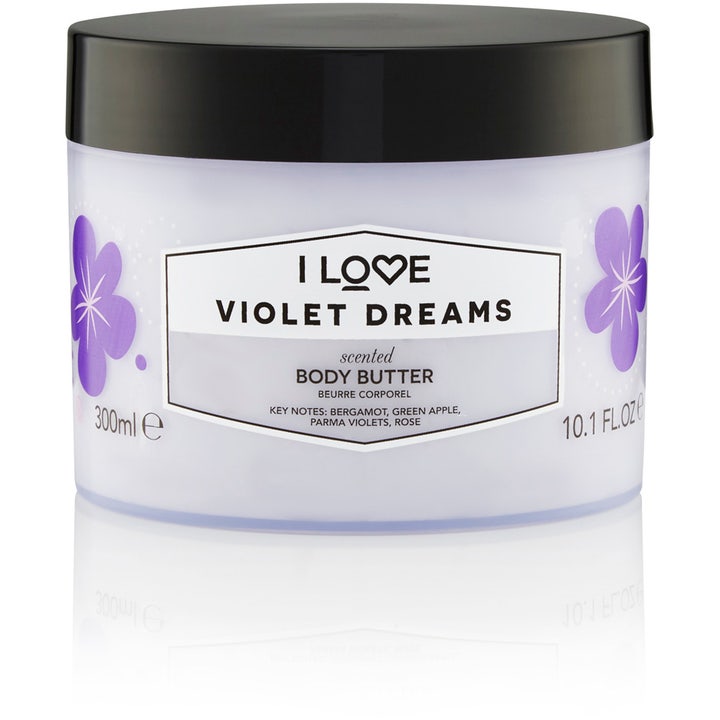 I Love Violet Dreams 300 ml blødgørende body butter i en gennemsigtig krukke med sort låg og lilla blomster