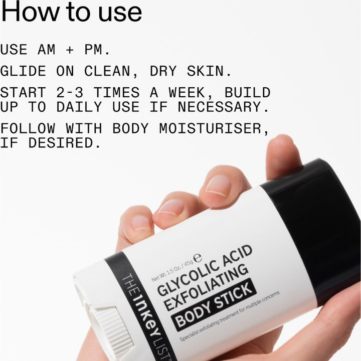 The INKEY List Glycolic Acid Exfoliating Body Stick 45 g i hvid stift til eksfoliering med brugsanvisning