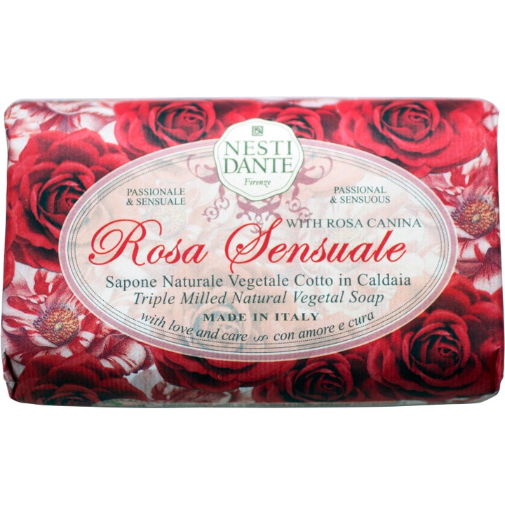 Nesti Dante Rosa Sensuale 250g velduftende fast sæbe indpakket i dekorativt papir med motiver af røde roser