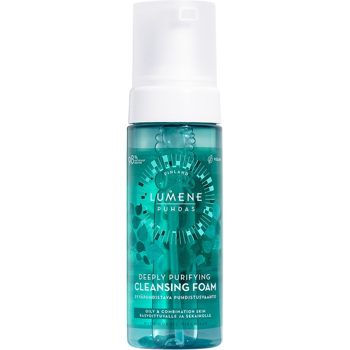 Lumene Puhdas Deeply Purifying Cleansing Foam 150 ml dybderensende ansigtsvask i turkis plastflaske med hvid pumpe