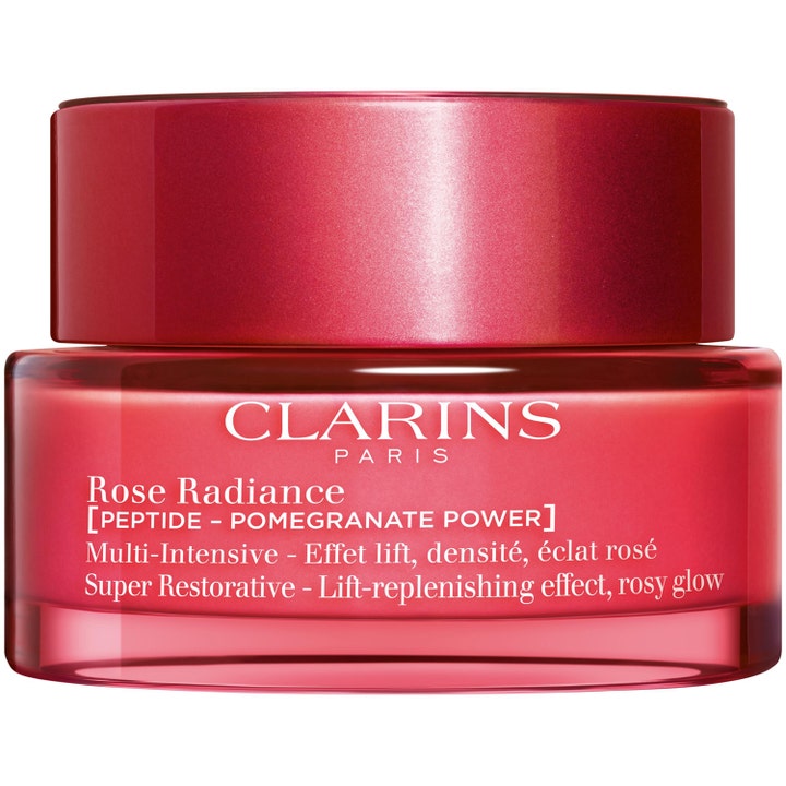 Clarins Rose Radiance 50ml dagcreme giver glød og lift-effekt i en elegant rød glasrukke med metallåg.