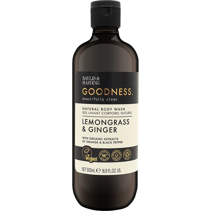Baylis & Harding Goodness Lemongrass & Ginger 500ml kropsvask der renser huden i en mørkebrun flaske med sort låg