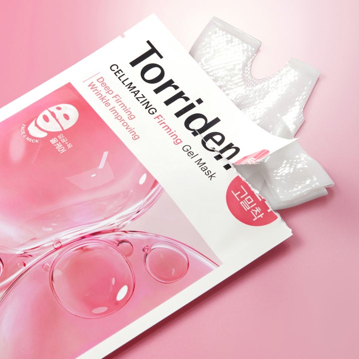 Torriden CELLMAZING Firming Gel Mask 1 stk opstrammende sheet mask i åbnet hvid emballage med synlig gelmaske
