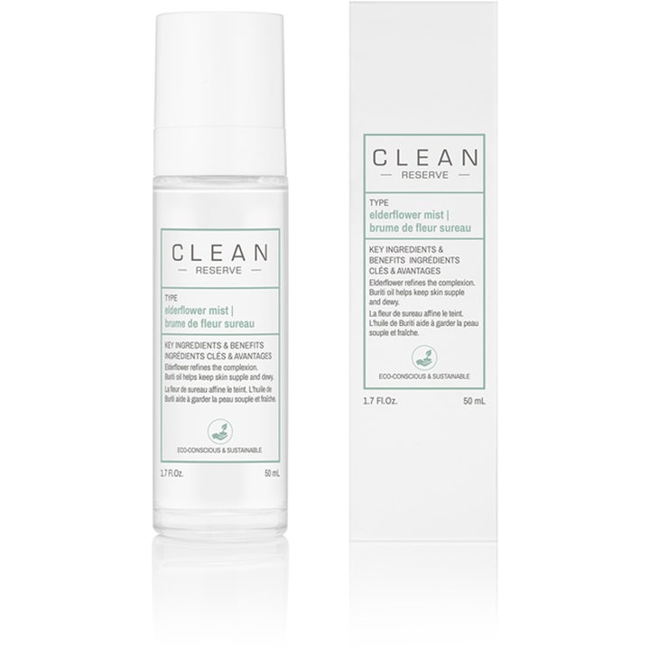 CLEAN Reserve Elderflower Mist 50 ml forfriskende ansigtsspray i klar flaske med hvidt låg og hvid æske