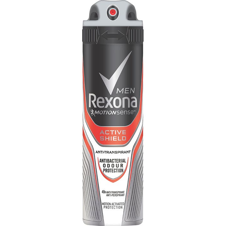 Rexona Men Active Shield anti-transpirant spray giver antibakteriel beskyttelse i en sort og sølvfarvet metalflaske.