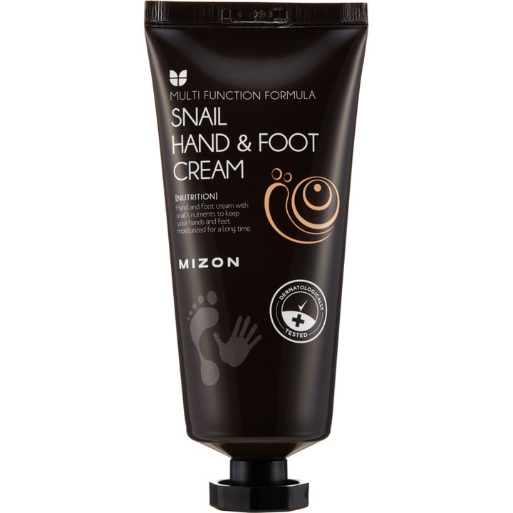 Mizon Snail Hand And Foot Cream 100 ml nærende creme i mørkebrun tube med snegleslim der blødgør hænder og fødder.