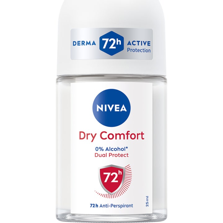 Nivea Dry Comfort 25 ml anti-perspirant giver 72 timers beskyttelse i en klar glasflaske med hvidt låg.