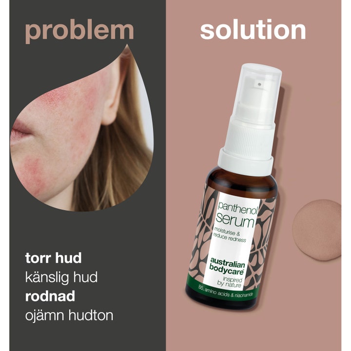 Australian Bodycare Panthenol Serum 30 ml beroliger rødme og tør hud i brun glasflaske med hvid pumpe.