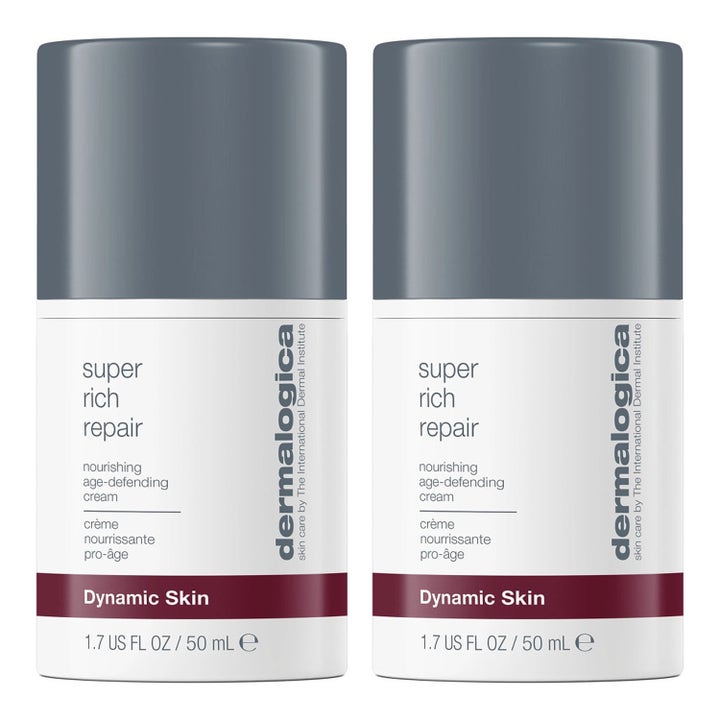 Dermalogica Super Rich Repair 50 ml nærende anti-age ansigtscreme i to hvide pumpeflasker med grå låg