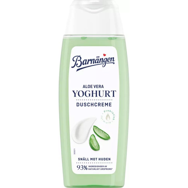 Barnängen Aloe Vera Yoghurt duschcreme mild kropsvask i gennemsigtig flaske med lysegrøn gel og hvidt låg.