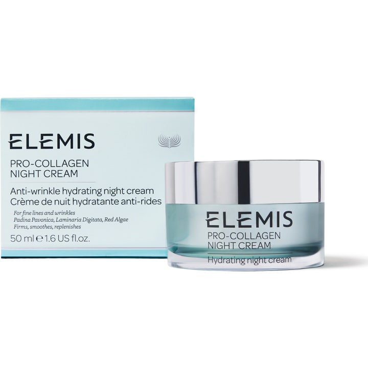 Elemis Pro-Collagen Night Cream 50 ml fugtgivende natcreme i lyseblå glaskrukke med sølvlåg og hvid æske