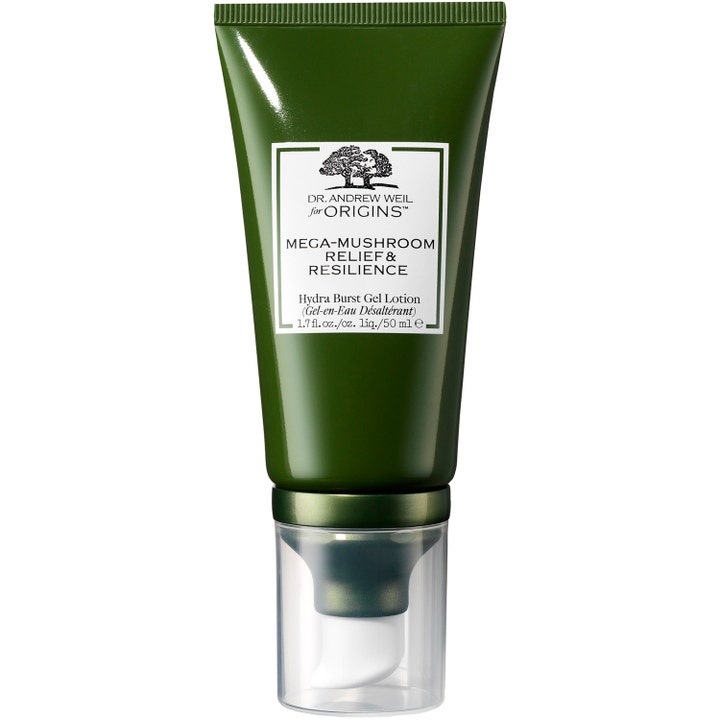 Origins Mega-Mushroom Relief & Resilience 50 ml beroligende ansigtscreme i mørkegrøn tube med hvid pumpe