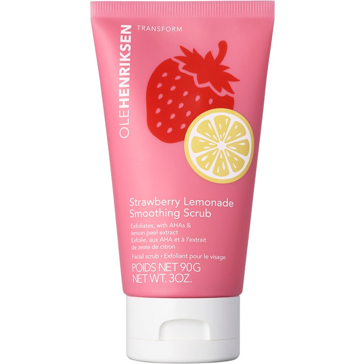 Olehenriksen Strawberry Lemonade Smoothing Scrub 90g eksfolierende ansigtsscrub i lyserød tube med frugtmotiv