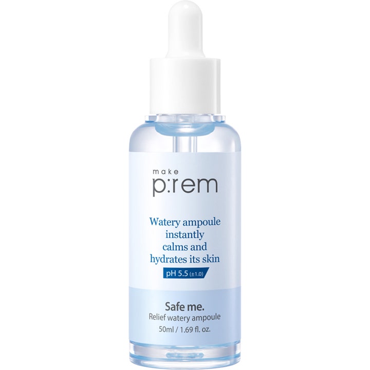 make p:rem Safe me. Relief Watery Ampoule 50ml beroligende ansigtsserum i klar glasflaske med hvid pipette