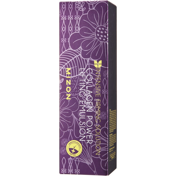 Mizon Collagen Power Lifting Emulsion 120 ml opstrammende serum i lilla papæske med hvide blomstermønstre.