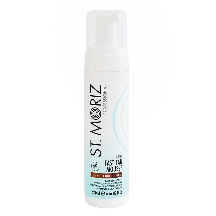 St. Moriz Professional Fast Tan Mousse 200ml selvbruner i hvid plastflaske med pumpe og gennemsigtigt låg