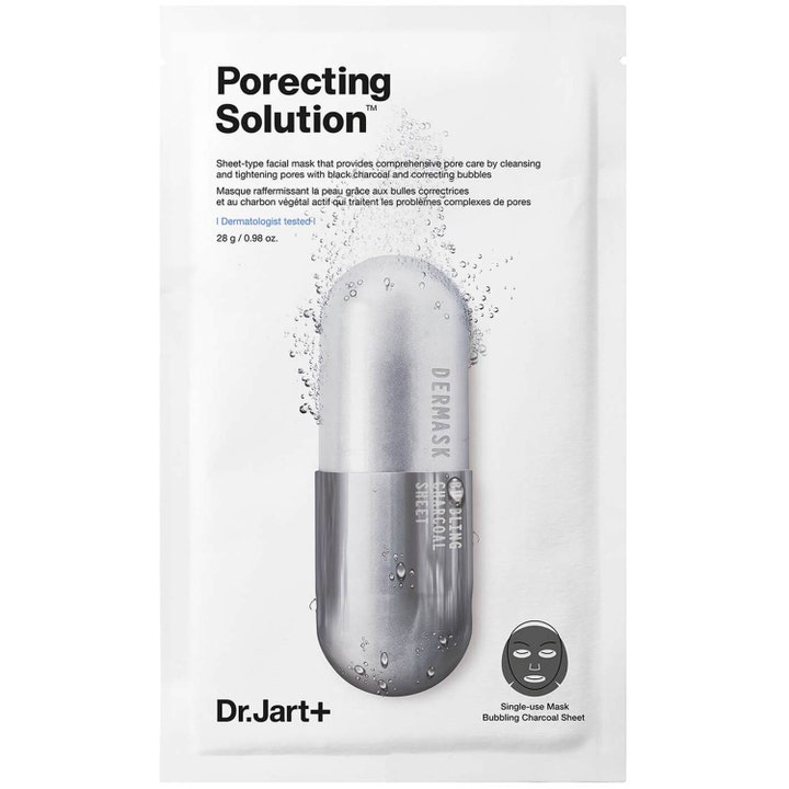 Dr. Jart+ Porecting Solution 28 g poreminimerende sheet maske med kul i hvid indpakning med sølvkapsel og bobler