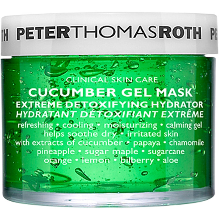Peter Thomas Roth Cucumber Gel Mask 150 ml beroligende ansigtsmaske med kølende grøn gel i gennemsigtig krukke.