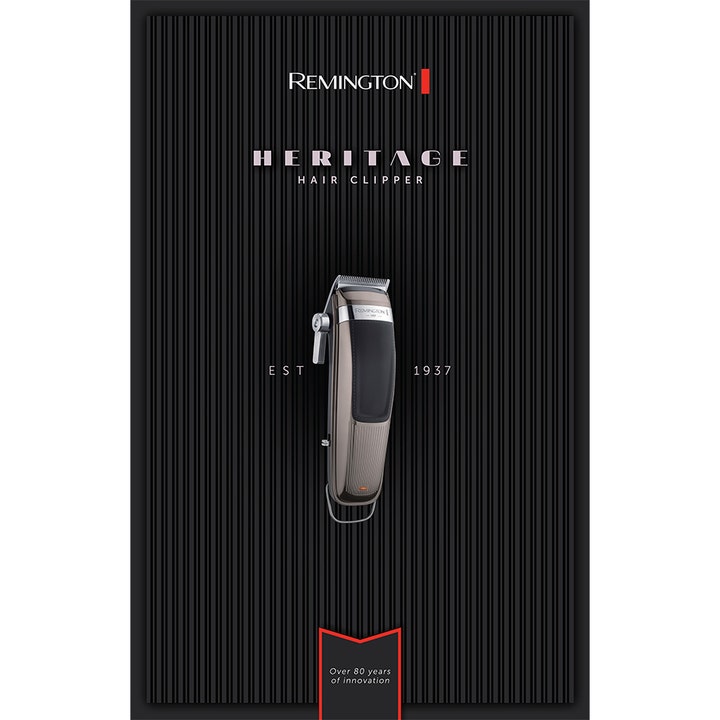 Remington HC9100 Heritage Hair Clipper 1 stk hårtrimmer i klassisk sølvdesign på sort stribet baggrund