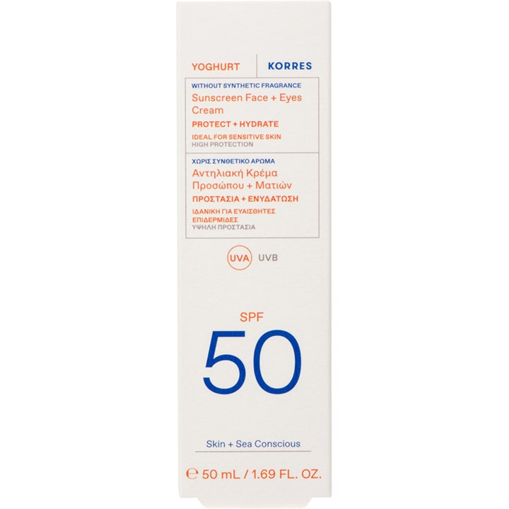 KORRES Yoghurt Face + Eyes Sunscreen 50 ml i hvid æske med SPF 50 til ansigtet der beskytter og fugter