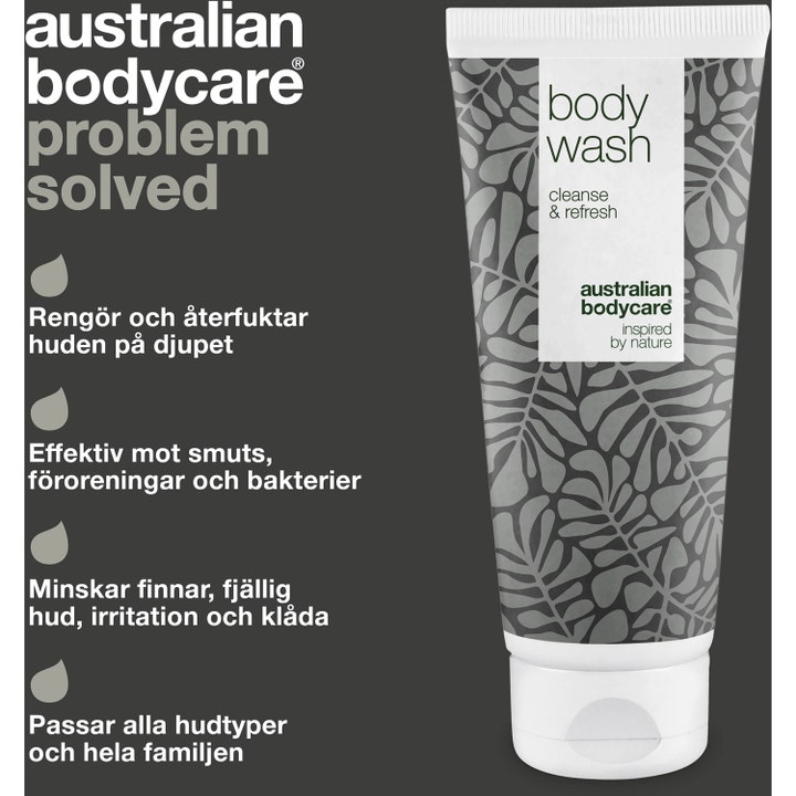 Australian Bodycare Body Wash 200 ml duschtvål med Tea Tree Oil i hvid tube med bladmønster og infotekst