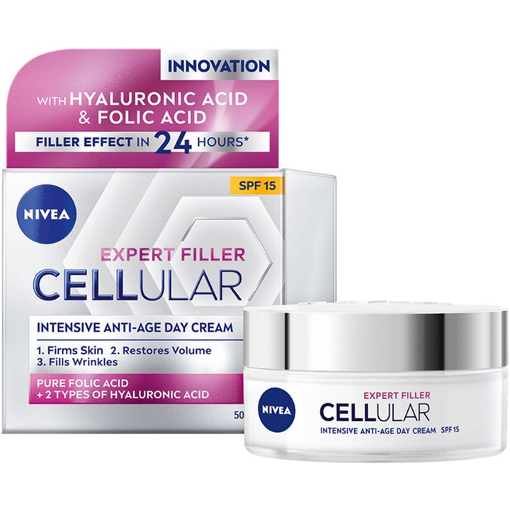 NIVEA Cellular Expert Filler 50 ml anti-age dagcreme med SPF 15 i hvid krukke med sølvlåg og matchende æske