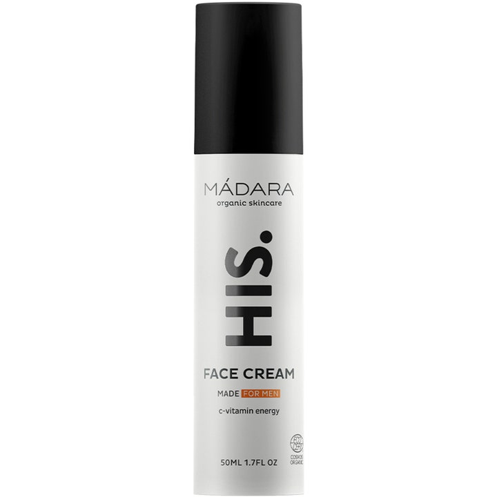 Mádara HIS Face Cream 50ml energigivende ansigtscreme i hvid tube med sort låg og C-vitamin