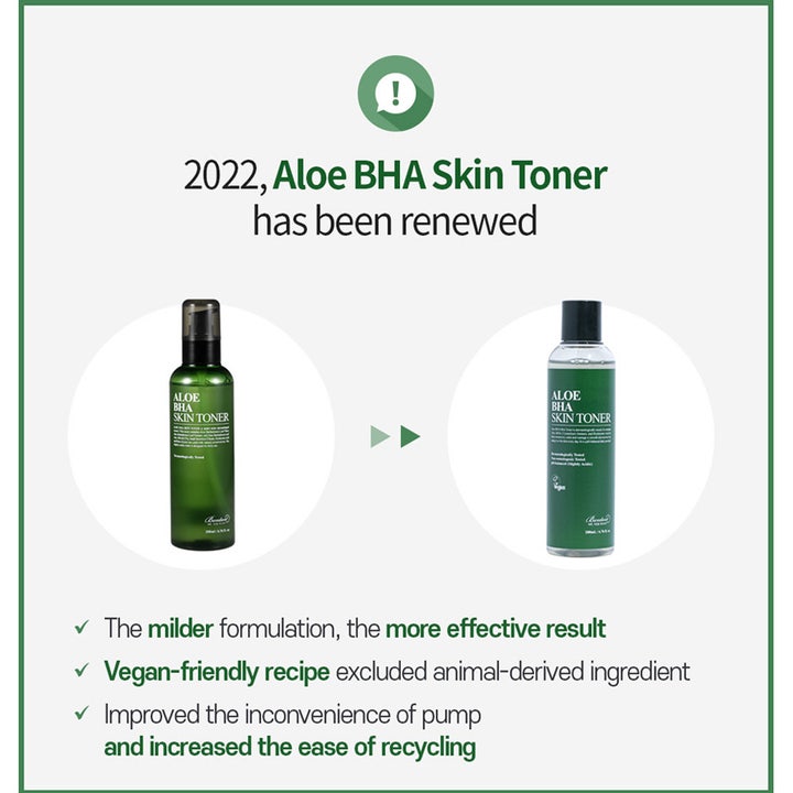 Benton Aloe BHA Skin Toner 200 ml viser fornyet vegansk emballage med grønne flasker og forbedret pumpe