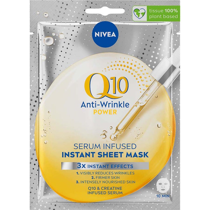 Nivea Q10 Anti-Wrinkle Power 1 stk ansigtsmaske mod rynker i sølvfarvet sachet med gulddråber og pipette