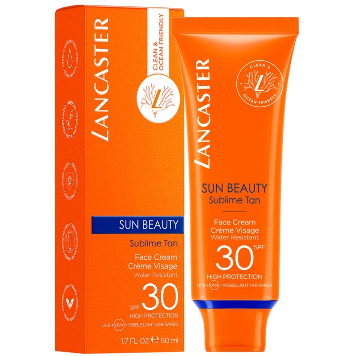 Lancaster Sun Beauty Face Cream SPF 30 50 ml vandfast solcreme i orange tube og æske med Clean & Ocean Friendly logo.