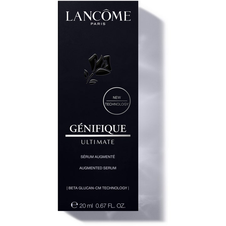 Lancôme Génifique Ultimate Serum 20 ml reparerende ansigtsserum i sort emballage med sølvskrift og rose.