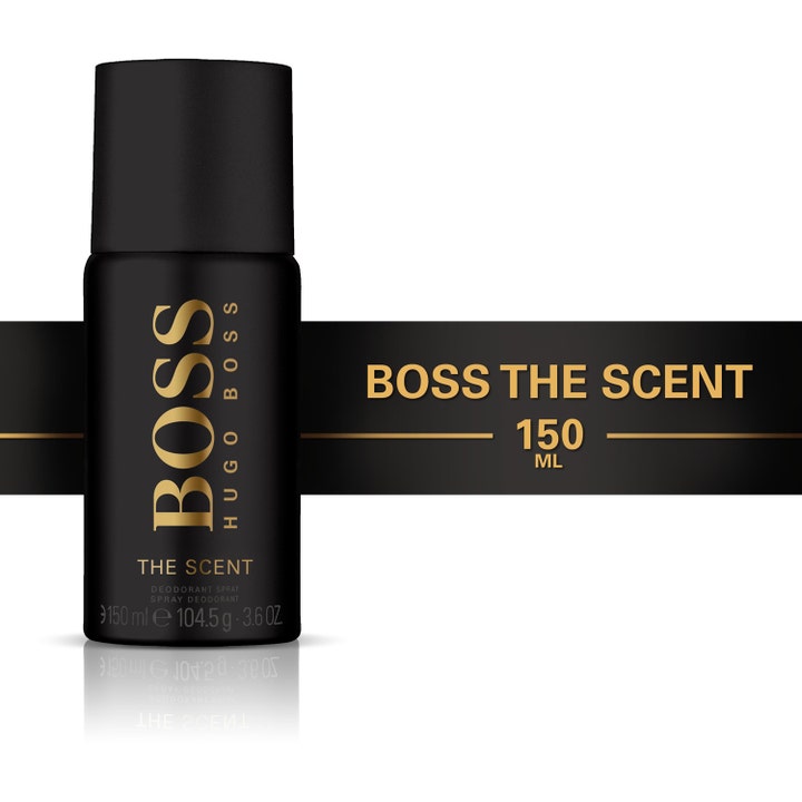 Hugo Boss Boss The Scent 150 ml deospray giver friskhed i en mat sort sprayflaske med guldskrift