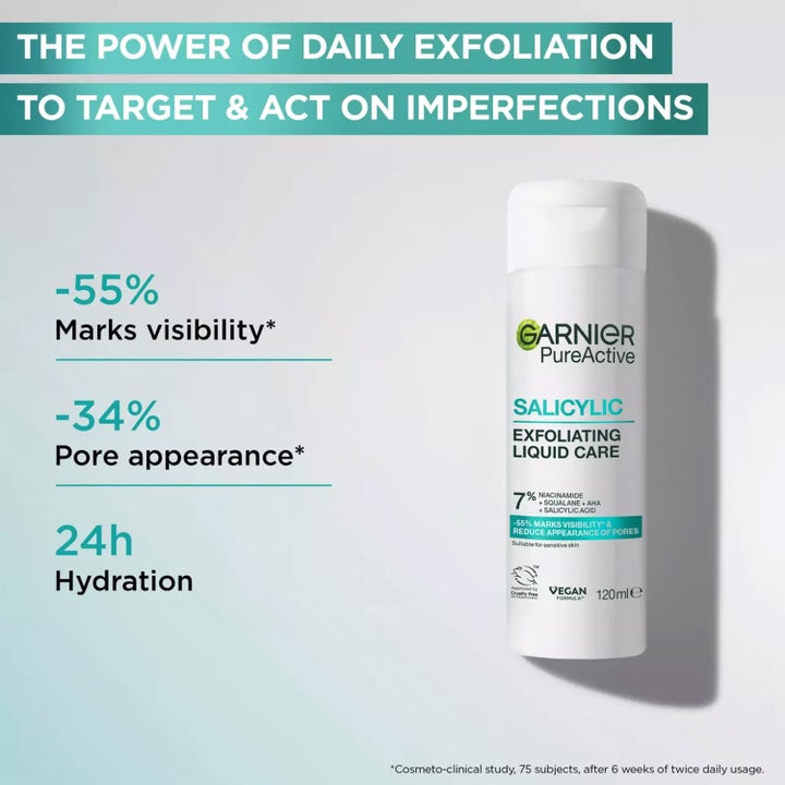 Garnier PureActive Salicylic Exfoliating Liquid Care 120 ml eksfoliering mod urenheder i hvid flaske med 7% niacinamid
