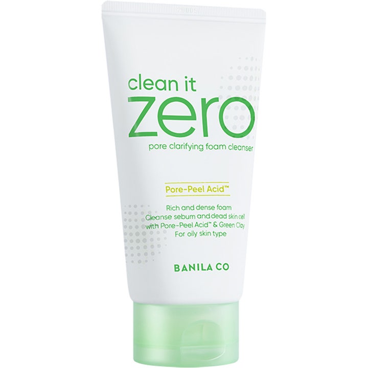 Banila Co Clean It Zero Foam Cleanser Pore Clarifying 150 ml renseskum til fedtet hud i hvid tube med lysegrønt låg