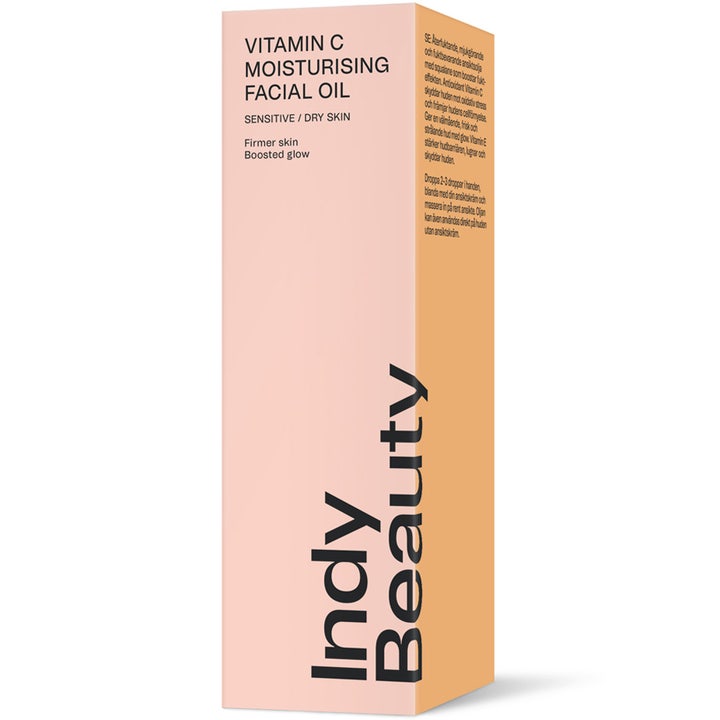 Indy Beauty Vitamin C Moisturising Facial Oil 30 ml ansigtsolie i lyserød papæske der giver huden glød