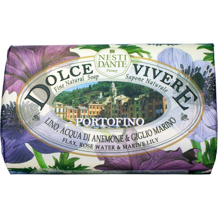 Nesti Dante Dolce Vivere Portofino 250g fast sæbe i papir med smukke lilla blomster og motiv af en kystby.