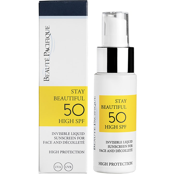 Beauté Pacifique Stay Beautiful 50 ml solcreme til ansigtet i hvid pumpeflaske med sølv og gul æske