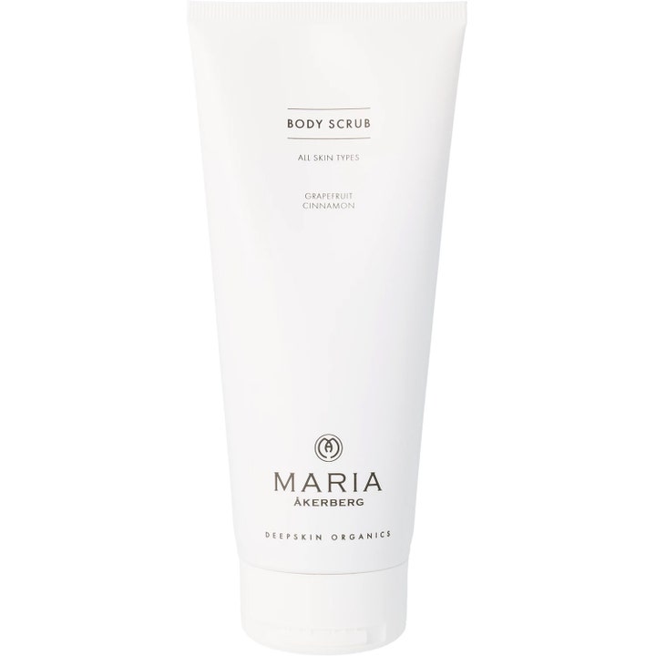 Maria Åkerberg Body Scrub 200 ml eksfolierende kropspleje med grapefrugt i en hvid tube med sort tekst.