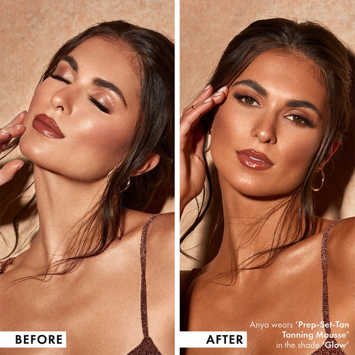 ICONIC London Tanning Mousse Prep Set Glow 150 ml selvbruner giver en strålende glød vist før og efter