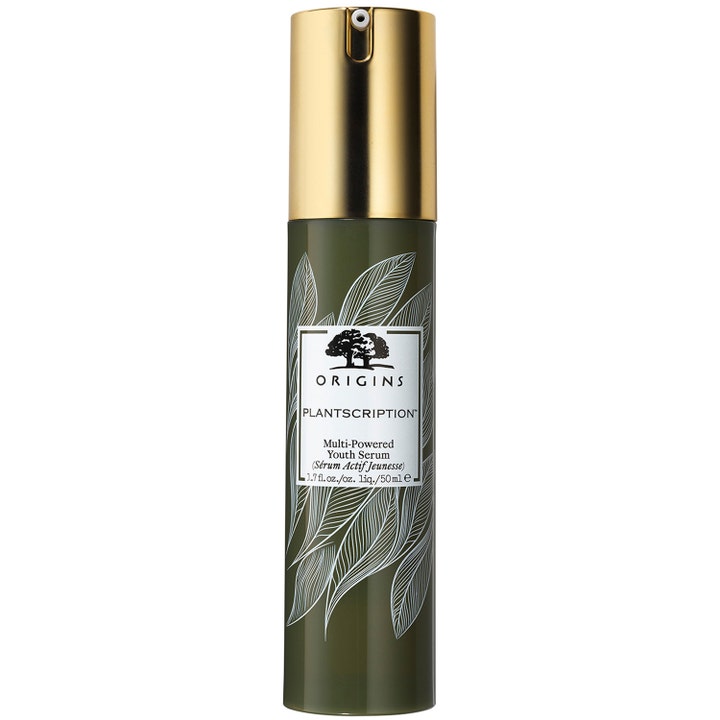 Origins Plantscription Multi-Powered Youth Serum 50 ml anti-aging serum i mørkegrøn flaske med guldpumpe.