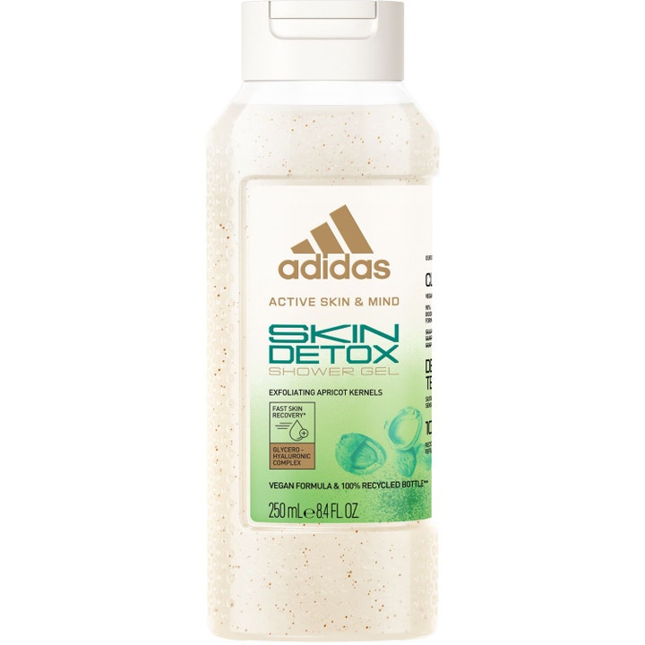 Adidas Active Skin & Mind Skin Detox Shower Gel 250 ml eksfolierende showergel med synlige korn i klar flaske med hvidt låg.