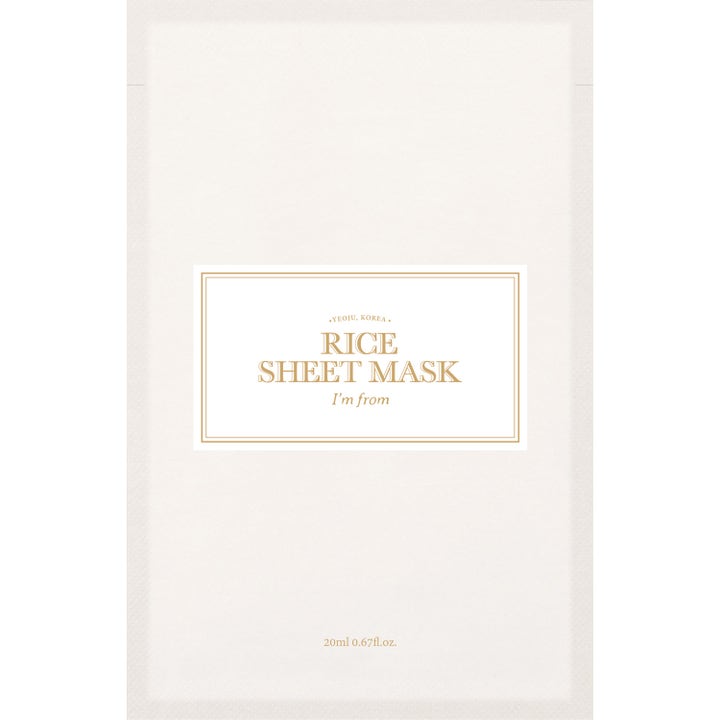 I'm from Rice Sheet Mask 20ml oplysende ansigtsmaske i hvid emballage med gulddetaljer