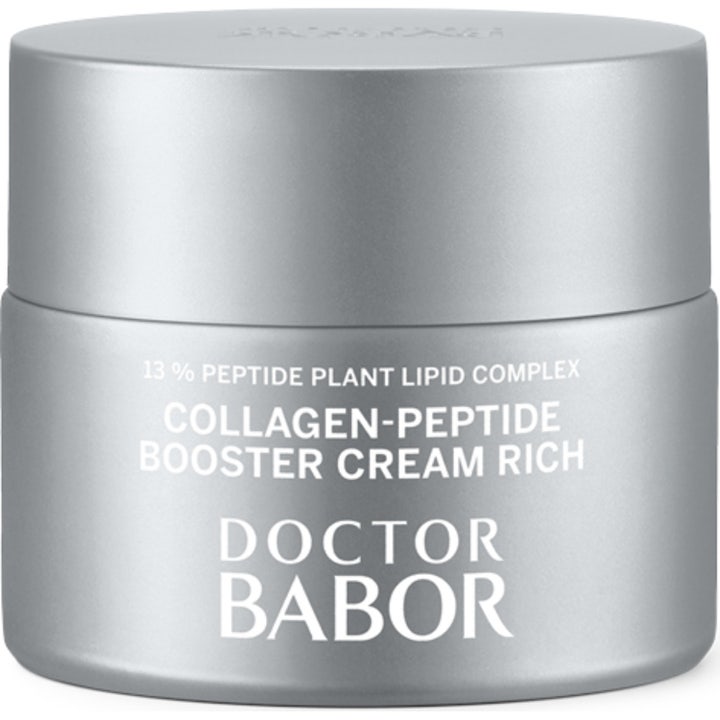 Doctor Babor Collagen-Peptide Booster Cream Rich styrkende ansigtscreme i en mat sølvfarvet krukke med hvid tekst