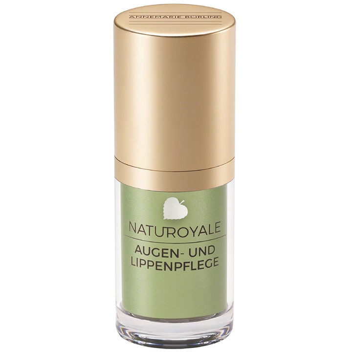 Annemarie Börlind Naturoyale 15 ml opstrammende øjen- og læbepleje i guld- og grøn pumpeflaske med hvidt bladlogo