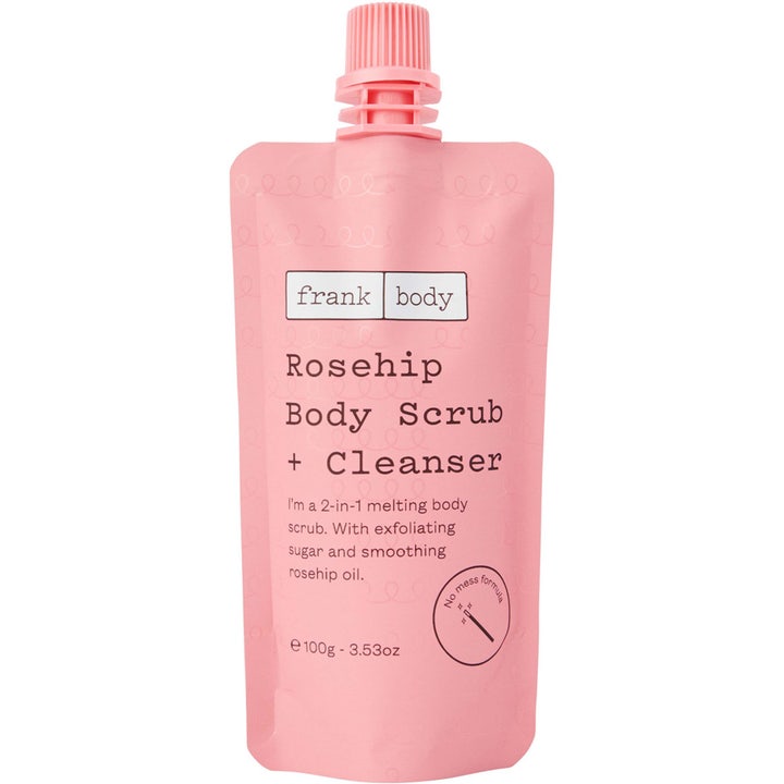 Frank Body Rosehip Body Scrub + Cleanser 100g eksfolierende kropspleje i en lyserød tube med skruelåg